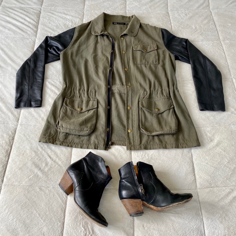 ✨Black Leather Army Khaki Cotton Utility Jacket